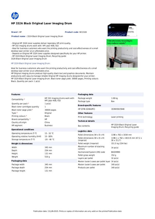HP 332a Original Black Imaging Drum For HP Laser 408: Mfp 432:page Yield 30000 - Image 5